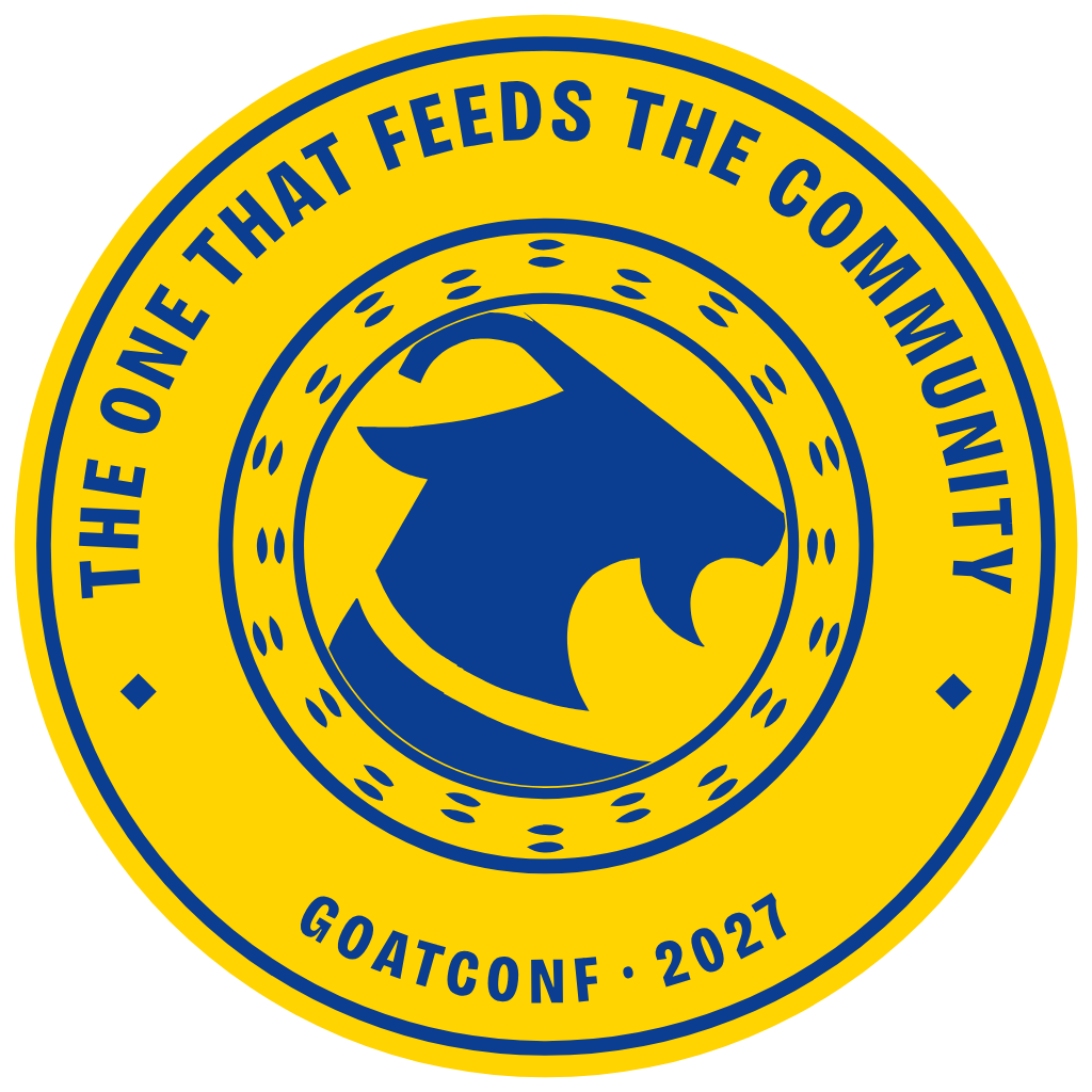 The GoatConf seal: a goat in a coin, a band of hoof prints, and the words The one that feeds the community, GoatConf 2027