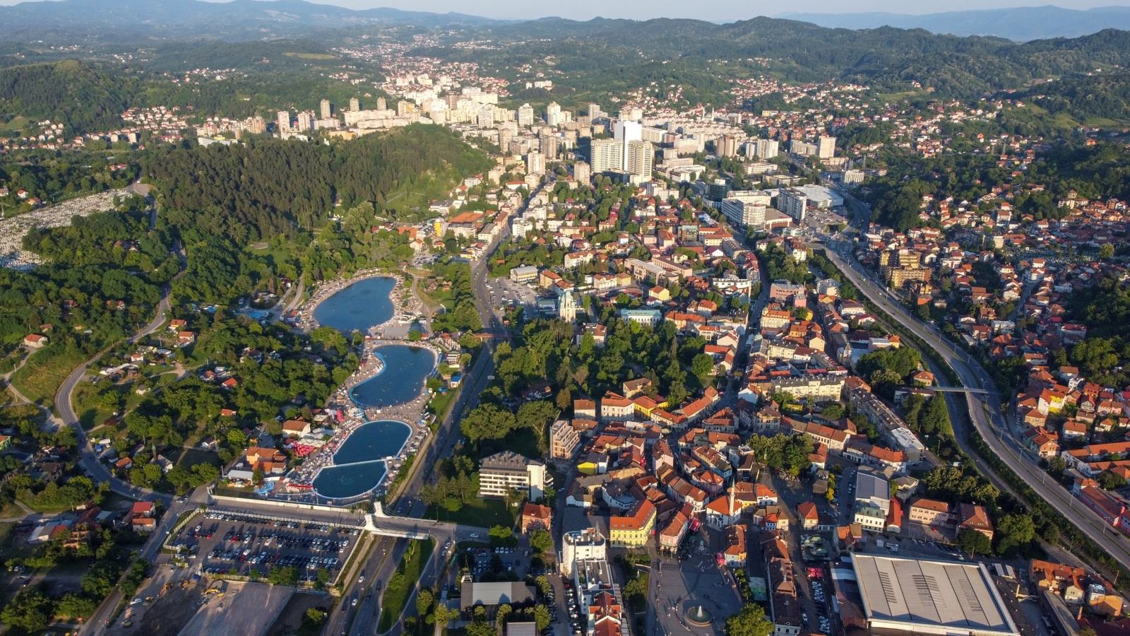 Tuzla from the air in summer, the town and the salt lakes