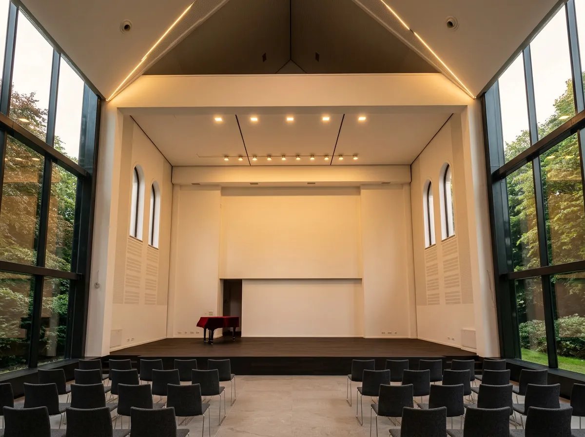 The hall of HKC Sveti Franjo: a stage under a pitched ceiling, rows of black chairs, and tall glass walls on both sides