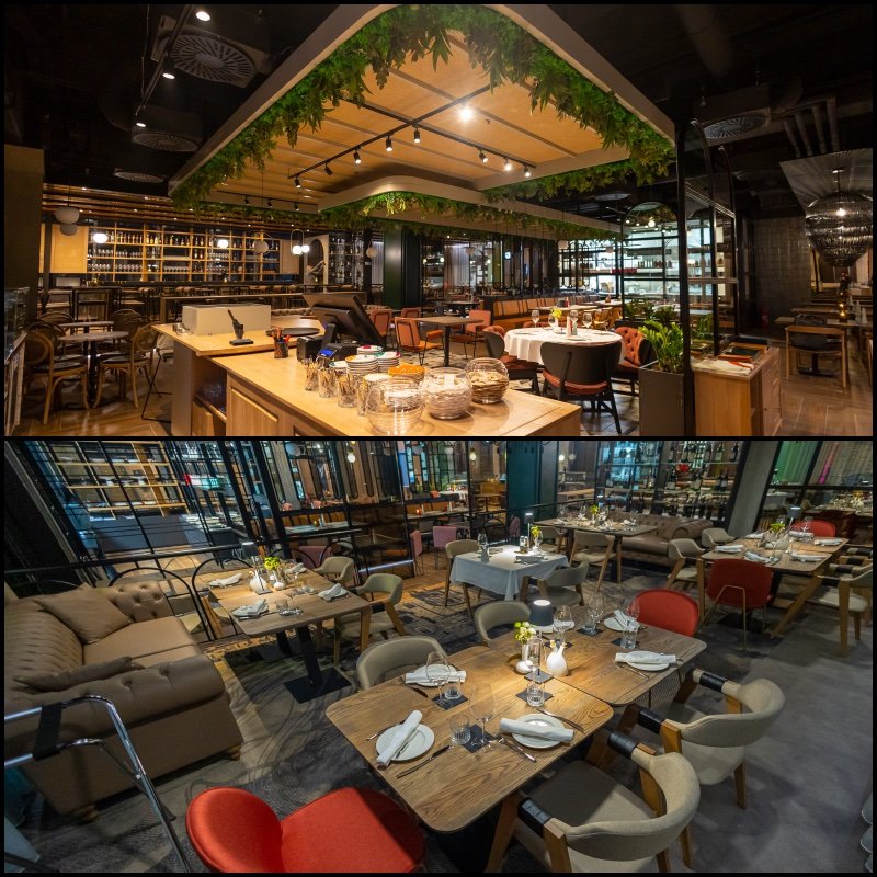 Two views of the KVIN dining room: tables, sofas and chairs under a ceiling with hanging plants