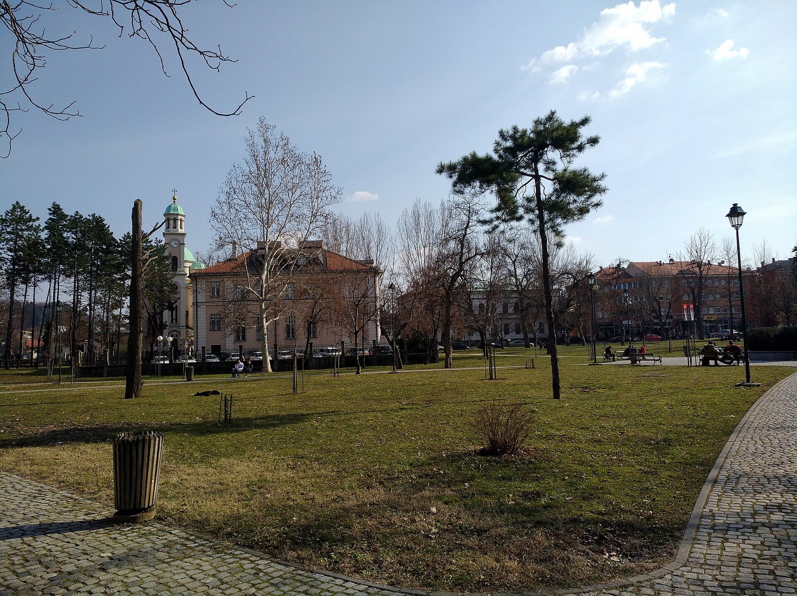 The City Park in Tuzla: lawns, pines and a path, with buildings beyond